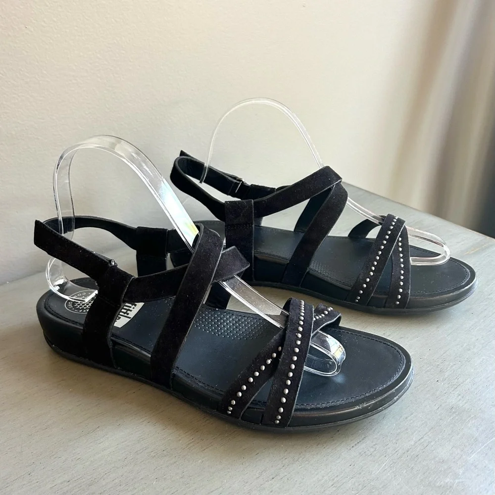 FitFlop Lumy Women Black Strappy Suede Studded Wedge Sandals Sz 8 Comfort